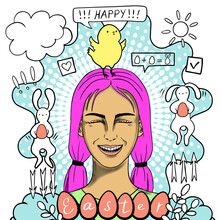 Happy Easter Creative Conceptual Modern Hand Drawn Doodle Portrait With Eggs