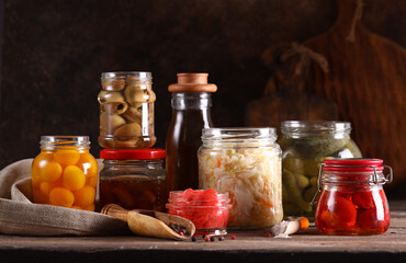 Poster - fermented vegetables in glass jars healthy food