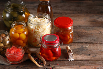 Poster - fermented vegetables in glass jars healthy food