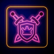 Glowing neon Medieval shield with crossed swords icon isolated on black background. Vector
