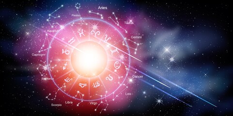 zodiac signs inside of horoscope circle. astrology in the sky with stars and moons astrology and hor