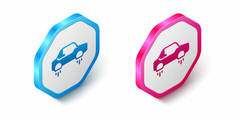 Poster - Isometric Fantastic flying car icon isolated on white background. Hover car future technology future transport. Hexagon button. Vector