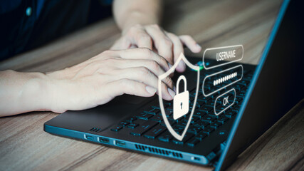 Aufkleber - Man typing login and password, cyber security concept, Secure encryption and access to the user's private information to access the Internet.