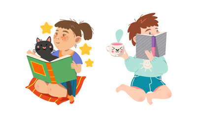 Cute kids sitting and reading books set. Preschool activities and childhood education cartoon vector illustration