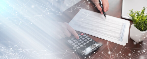 Poster - Female hands making calculation; panoramic banner