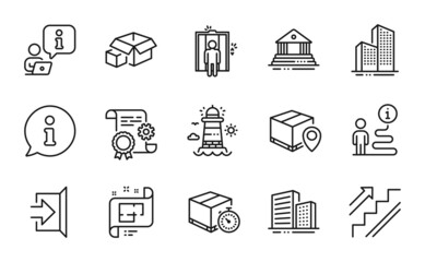 Poster - Industrial icons set. Included icon as Construction document, Buildings, Packing boxes signs. Lighthouse, Skyscraper buildings, Delivery timer symbols. Stairs, Architectural plan, Exit. Vector