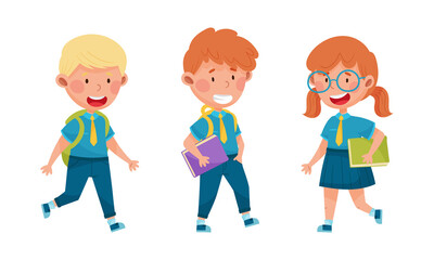 Wall Mural - Cute kids in blue school uniform set. Smiling pupils going to school with backpacks and books cartoon vector illustration