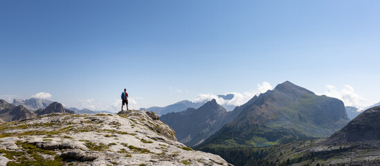 Hiker standing in a mountain panorama