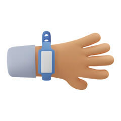 Wall Mural - 3d icon control bracelet on hand. Vector cartoon arm wearing hospital wrtistband gesture. Realistic illustration