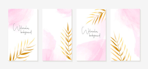 Canvas Print - Instagram stories templates. Vector set of vertical abstract trendy backgrounds with golden palm leaves and pink watercolor spots. For social media stories