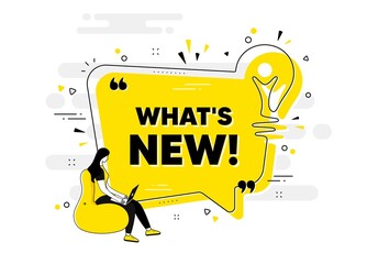 Poster - Whats new text. Idea chat bubble banner with person. Special offer sign. New arrivals symbol. Whats new chat message lightbulb. Idea light bulb people background. Vector