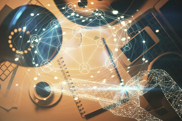 Aufkleber - Double exposure of social network theme drawing and work table top veiw. Concept of international connection.