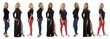 side view of same woman with various outfits on white background
