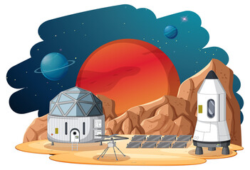 Wall Mural - Isolated landscape of planet surface with colony buildings