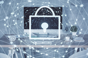 Aufkleber - Multi exposure of lock drawing and office interior background. Concept of data security.
