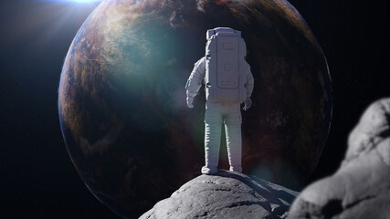 Wall Mural - astronaut watching planet earth form the surface of the moon