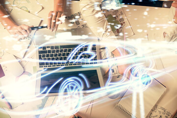Aufkleber - Double exposure of man and woman working together and a car hologram drawing. Autopilot concept. Computer background.