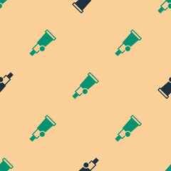 Poster - Green and black Telescope icon isolated seamless pattern on beige background. Scientific tool. Education and astronomy element, spyglass and study stars. Vector