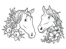 Set Of Portrait Of Horse With Flowers. Collection Of Head Floral Magic Horse. Tattoo. Mustang With Floral Wreath. Vector Illustration Of Animal With Flower Wreath.