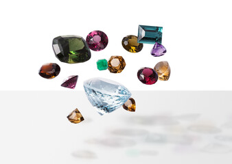 Wall Mural - Flying perfect faceted gems with shadows. Shining luxury jewels. Composition two