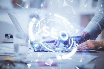 Aufkleber - Double exposure of woman hands working on computer and seo hologram drawing. internet search concept.