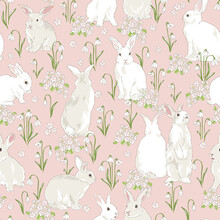 Cute Bunny In Spring Bloomy Garden With Snowdrops And Primrose Florals Vector Seamless Pattern. Vintage Romantic Nature Hand Drawn Print. Cottage Core Aesthetic Background.