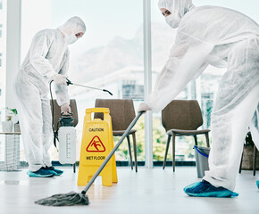 Poster - Control corona and keep it clean. Shot of healthcare workers wearing hazmat suits and sanitising a room during an outbreak.