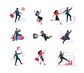 Sticker - Business team. Success career managers together moving to business targets stairway to goals garish vector business illustrations in flat style