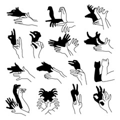 Hands shadow. Theatrical gestures hands puppets creative poses from human fingers different animals birds rabbit bear recent vector illustrations