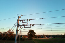 Parts Of Railway Contact Network. High Voltage Railroad Line