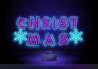 Wall Mural - Christmas poster in a neon style. Vector discount card, neon sign, bright banner, luminous sign, night advertising, Xmas discount sale. Editing text neon sign.