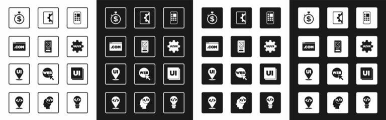 Set Mobile Apps, UI or UX design, Time is money, Web development, and icon. Vector