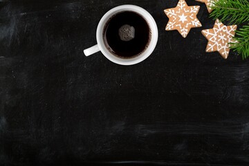 Poster - Christmas frame with coffee, cookies, branches, Holiday winter time.