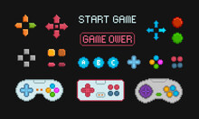 Pixel Art Gamepad Controls And Buttons For 8-bit Retro Video Game Design  - Vector Collection. Console Game  Controllers And Navigation 
