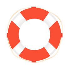 Lifebuoy, Lifesaver With Rope In Red And White Color In Cartoon Style Isolated On White Background. Life Saving At Sea. Rescue Circle For Summer Vacation, Water Security