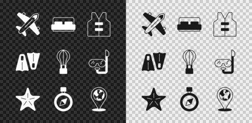 Poster - Set Plane, Hotel room bed, Life jacket, Starfish, Compass, Location on the globe, Rubber flippers for swimming and air balloon icon. Vector