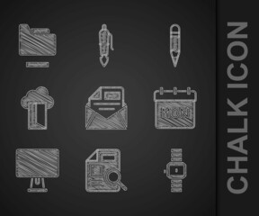 Poster - Set Mail and e-mail, Document with graph chart, Wrist watch, Calendar, Computer monitor, Cloud database, Pencil and folder icon. Vector