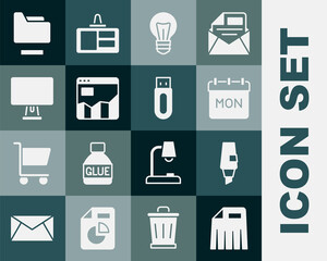 Poster - Set Paper shredder, Marker pen, Calendar, Light bulb, Graph chart infographic, Computer monitor, Document folder and USB flash drive icon. Vector