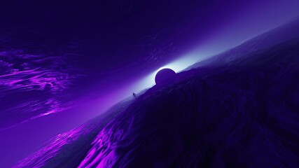 Wall Mural - 3d illustration - Sci-fi landscape digital  background. Magician walking on land with colorful moon
