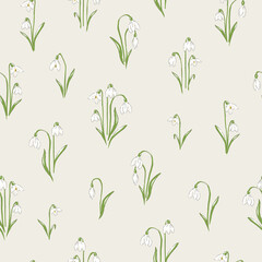 Snowdrops flower on neutral beige background hand drawn vector seamless pattern. Vintage Romantic Spring Garden Bloom background. Retro floral print for Easter spring design