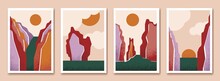 Landscape Creative Art. Boho Sunset, Nature Japanese Style Postcards. Mountain Panorama, Grunge Modern Abstract Decorative Drawing Swanky Vector Background