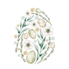 Watercolor Illustration Card Happy Easter With Eggs, Plants, Willow. Isolated On White Background. Hand Drawn Clipart. Perfect For Card, Postcard, Tags, Invitation, Printing, Wrapping.