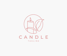 Burning Candle With Organic Plants Logo Design. Aromatic Candle Fire Light Vector Design. Flame And Leaves, Branch Logotype