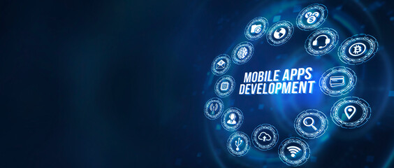Internet, business, Technology and network concept. Inscription MOBILE APPS DEVELOPMENT on the virtual display. Cloud technology concept. 3d illustration