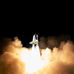 Aufkleber - new spaceship takes off into the black sky with clouds of smoke and blast. successful start of launc