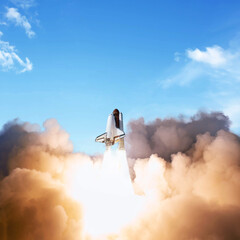 Fototapete - Successful start of a space mission, concept. Shuttle rocket with clouds of smoke takes off into the blue sky