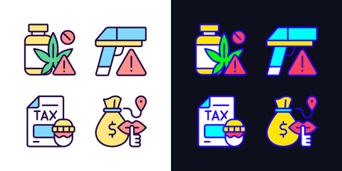 Poster - Illegal transportation light and dark theme RGB color icons set. Drugs trading. Tax evasion. Bulk cash. Simple filled line drawings pack on white and black space. Editable stroke. Pixel perfect
