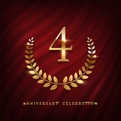 Wall Mural - Anniversary celebration poster with golden number four template. Birthday, jubilee or wedding with laurel sign vector illustration. Invitation to celebrate. Shiny number on red curtain background