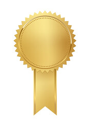 Wall Mural - gold 3d stamp with ribbon isolated on white background. luxury golden seal. vector design element