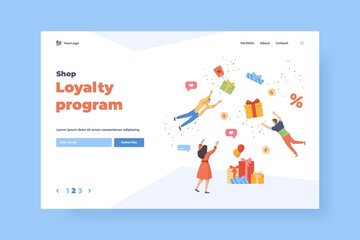 Reward loyalty product. Incentive advertising for customer present, online reward or gift, digital promotion program, landing web page